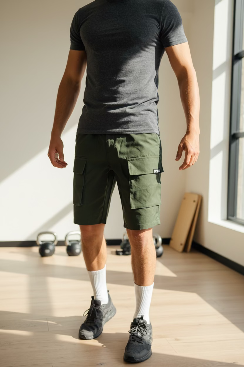 Short cargo KOJIRŌ homme streetwear noir kaki - photo produit 12