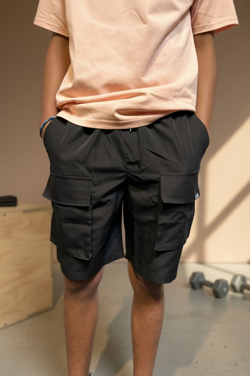 Short cargo KOJIRŌ homme streetwear noir kaki - photo produit 9